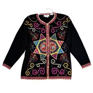 Shannan Sweater Womens‎ Medium Black Multi Cardigan Embroidered Beaded Vintage
